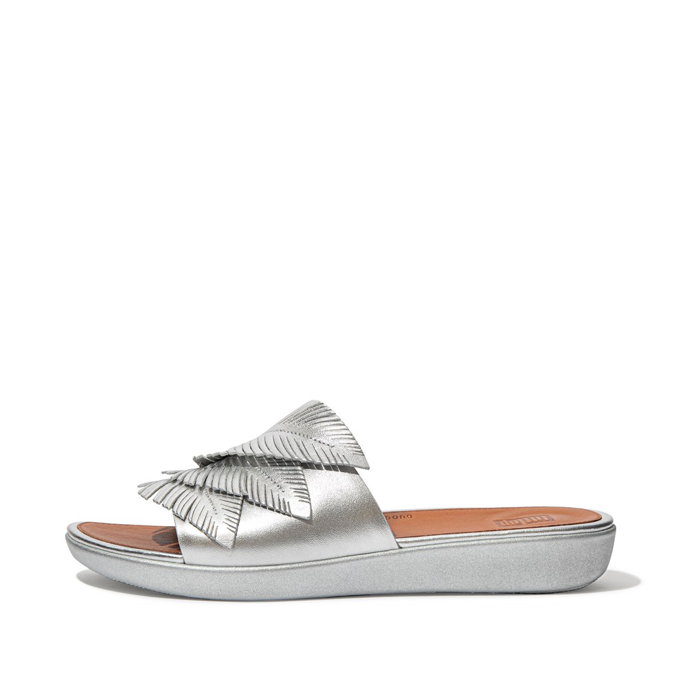 Fitflop Womens Slides Silver - Sola Feather Metallic Leather - 42MUOBFVL